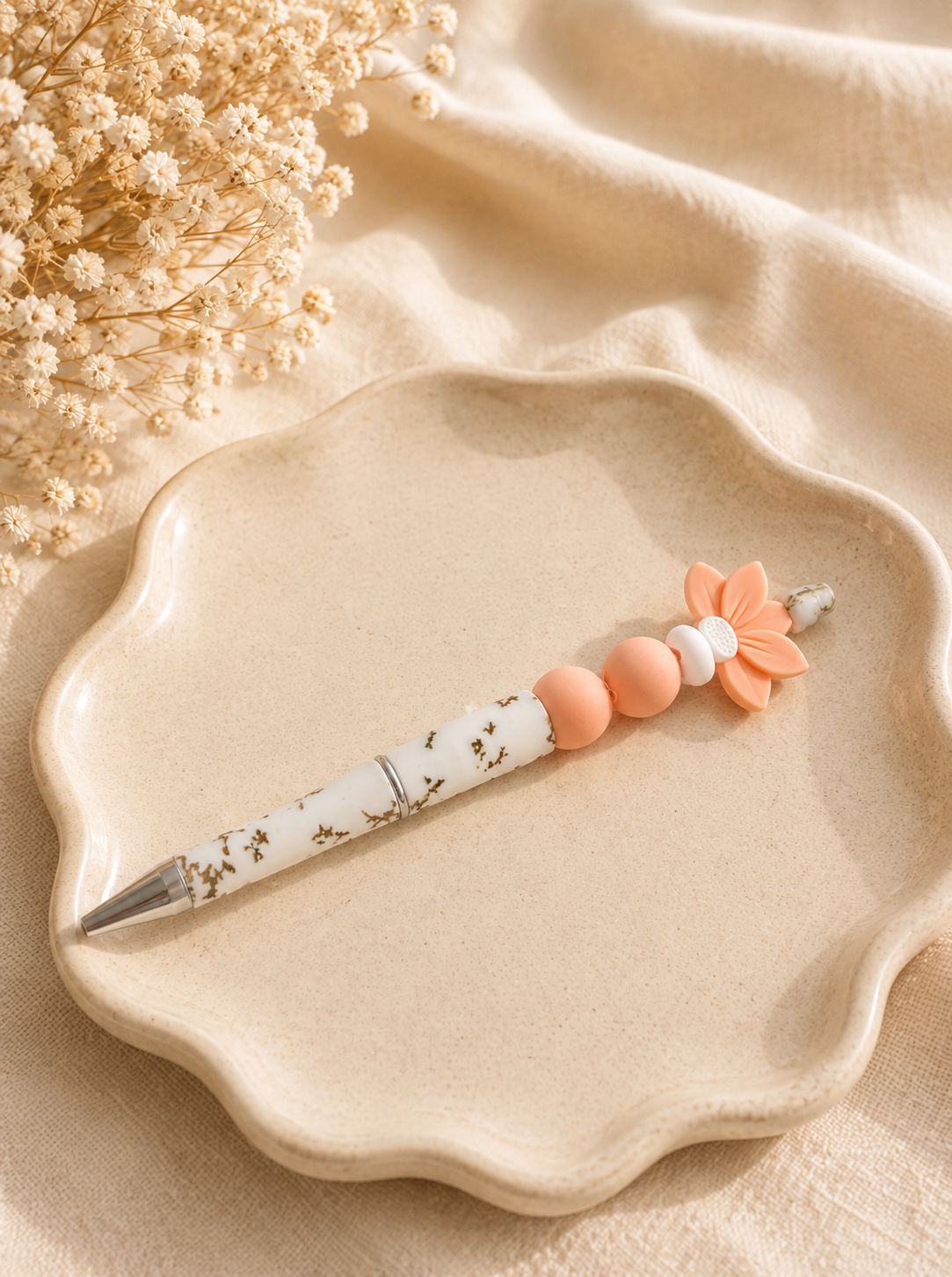 Handgemachter Kugelschreiber - Apricot Blumen Motiv