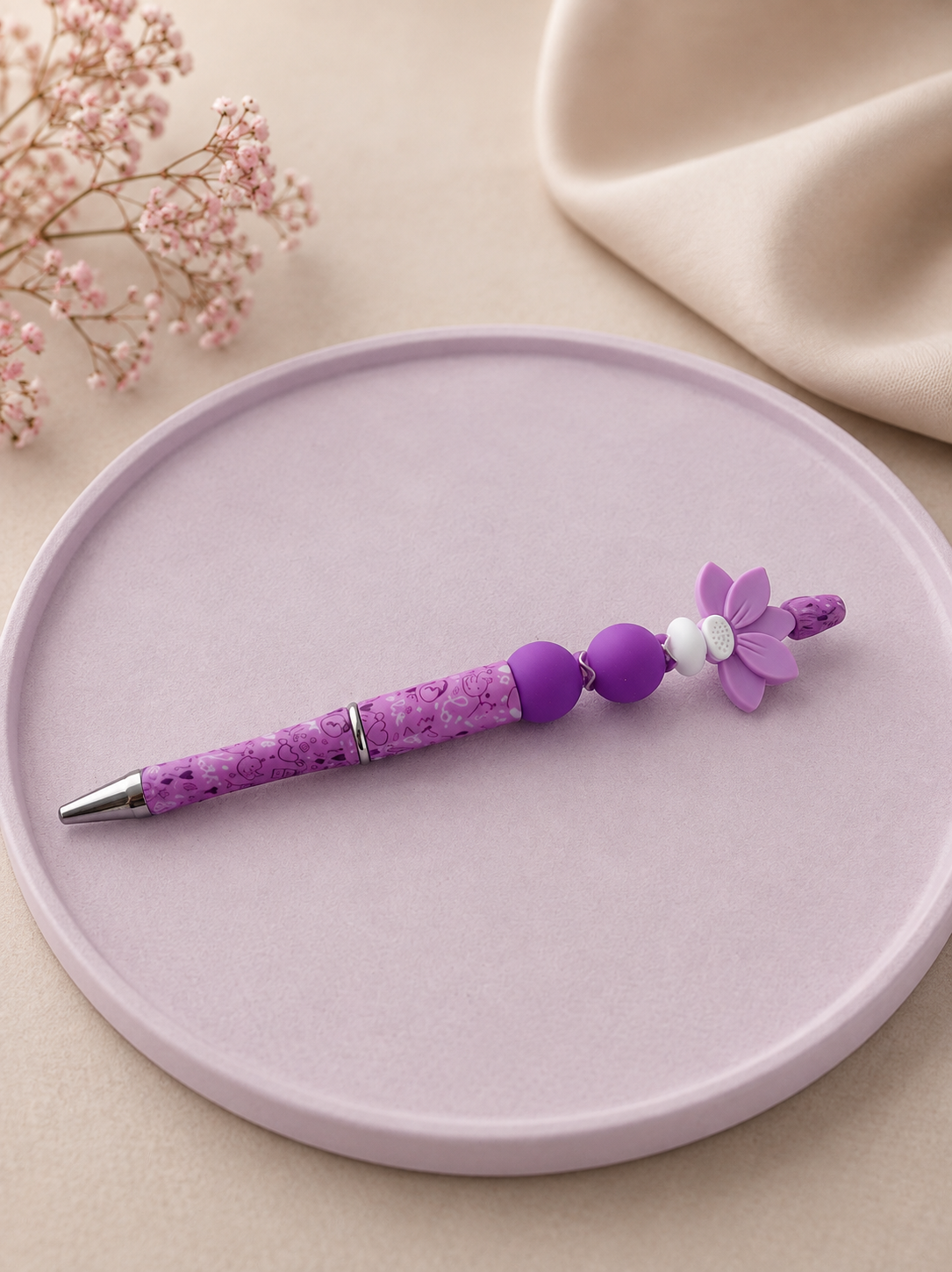 Handgemachter Kugelschreiber - Lila Blumen Motiv