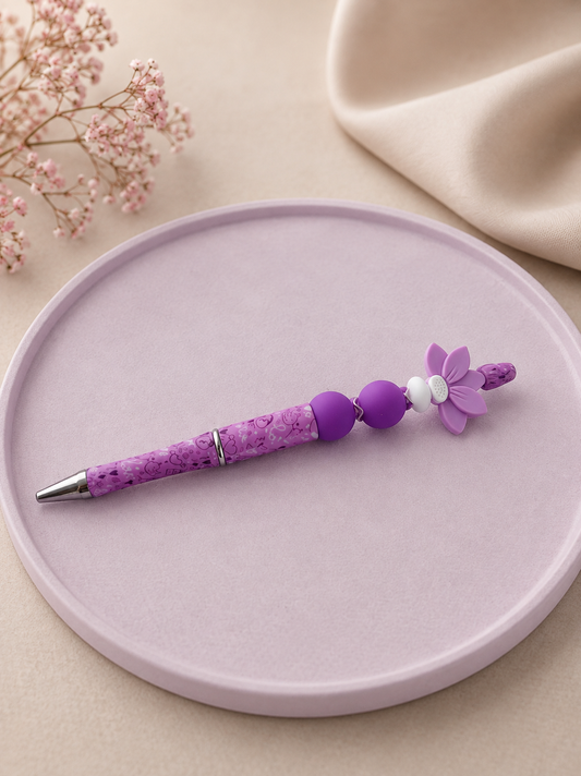 Handgemachter Kugelschreiber - Lila Blumen Motiv